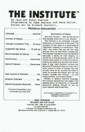 Box back cover for Institute, The on the Atari 8-bit.