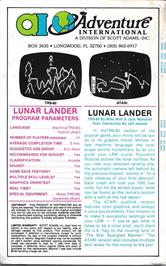 Box back cover for Lunar Lander on the Atari 8-bit.