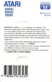 Box back cover for Mordon's Quest on the Atari 8-bit.
