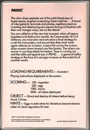 Box back cover for Panic on the Atari 8-bit.