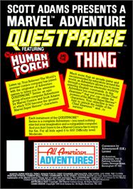 Box back cover for Questprobe featuring The Human Torch and The Thing on the Atari 8-bit.