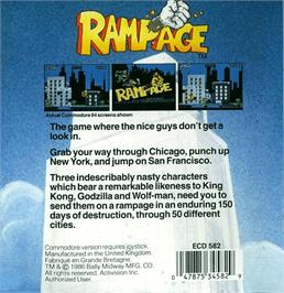 Box back cover for Rampage on the Atari 8-bit.