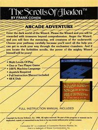 Box back cover for Scrolls of Abadon on the Atari 8-bit.