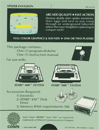 Box back cover for Spider Invasion on the Atari 8-bit.