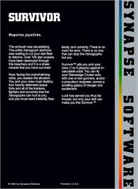 Box back cover for Survivor on the Atari 8-bit.