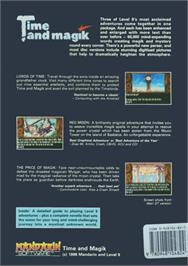 Box back cover for Time and Magik - The Trilogy on the Atari 8-bit.