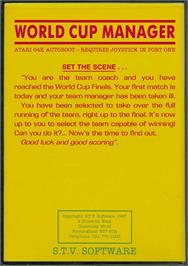 Box back cover for World Cup Manager on the Atari 8-bit.