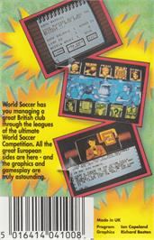 Box back cover for World Soccer on the Atari 8-bit.