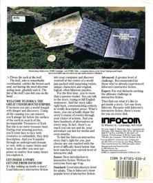 Box back cover for Zork I: The Great Underground Empire on the Atari 8-bit.