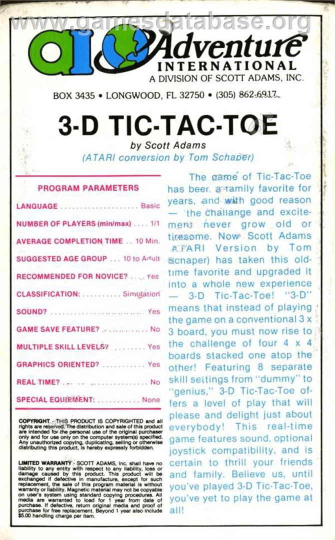 3-D Tic-Tac-Toe - Atari 8-bit - Artwork - Box Back