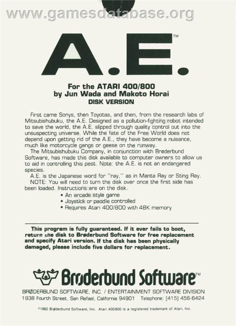 A.E. - Atari 8-bit - Artwork - Box Back