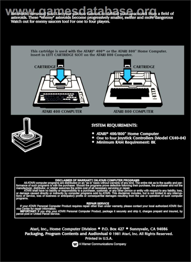 Asteroids - Atari 8-bit - Artwork - Box Back