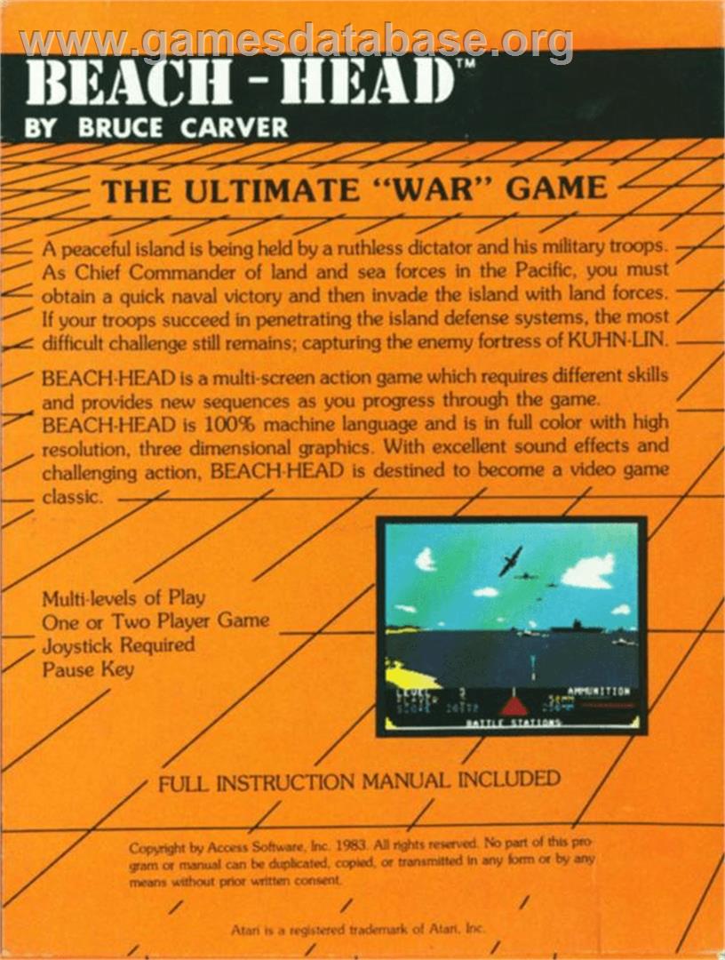 Beach Head - Atari 8-bit - Artwork - Box Back