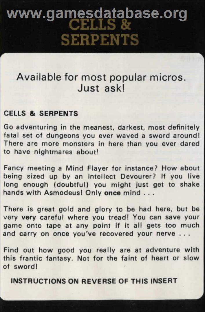 Cells And Serpents - Atari 8-bit - Artwork - Box Back