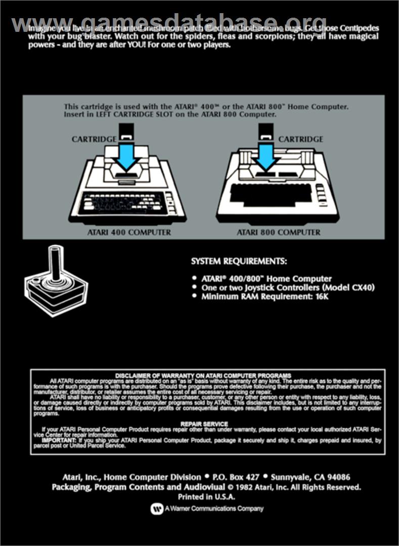 Centipede - Atari 8-bit - Artwork - Box Back