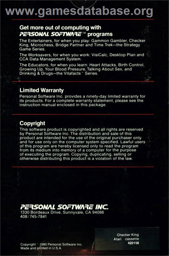 Checker King - Atari 8-bit - Artwork - Box Back