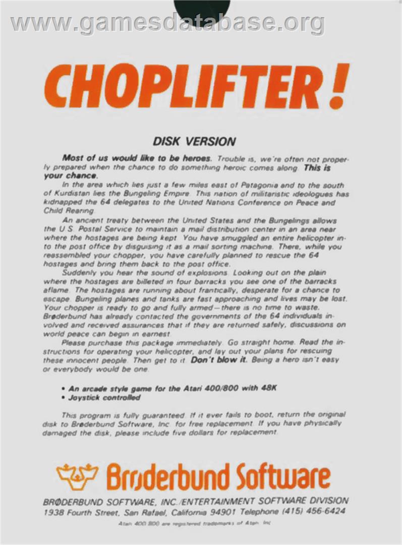 Choplifter! - Atari 8-bit - Artwork - Box Back