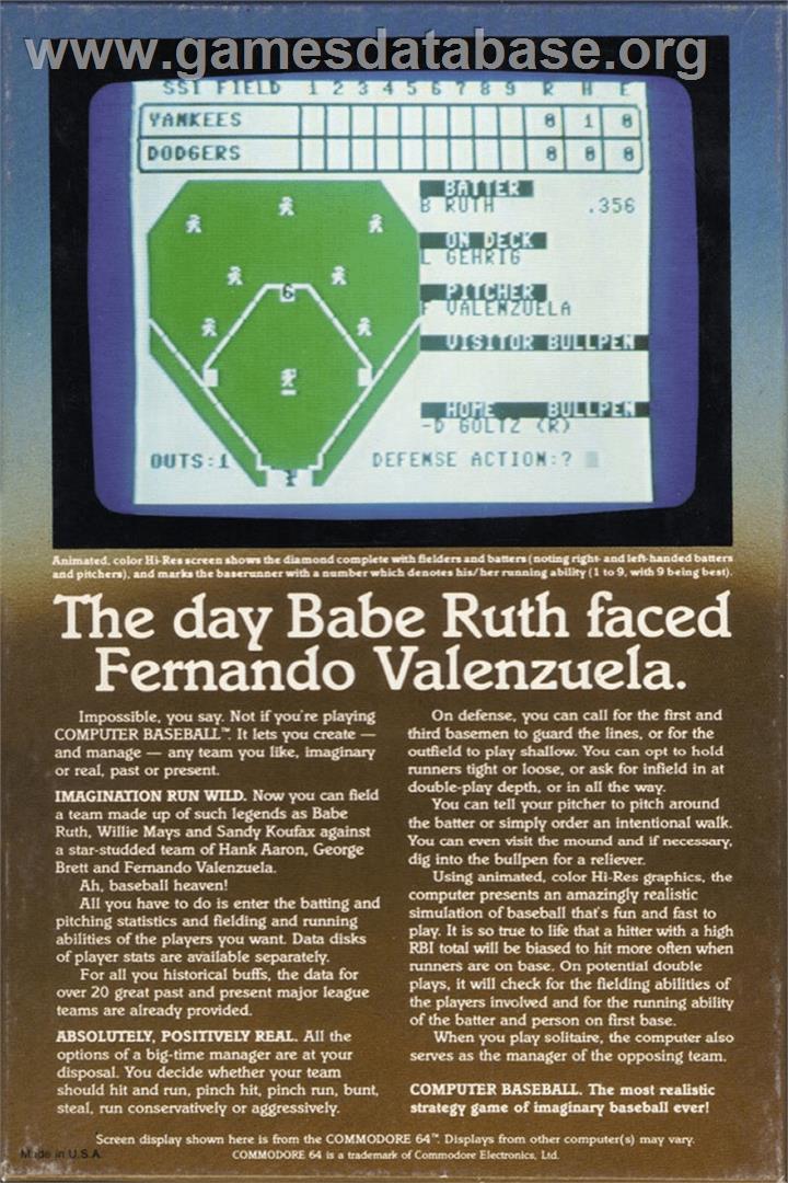 Computer Baseball - Atari 8-bit - Artwork - Box Back