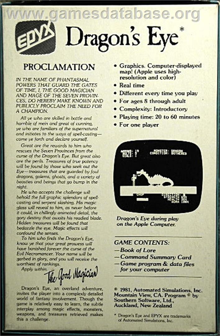 Dragon's Eye - Atari 8-bit - Artwork - Box Back