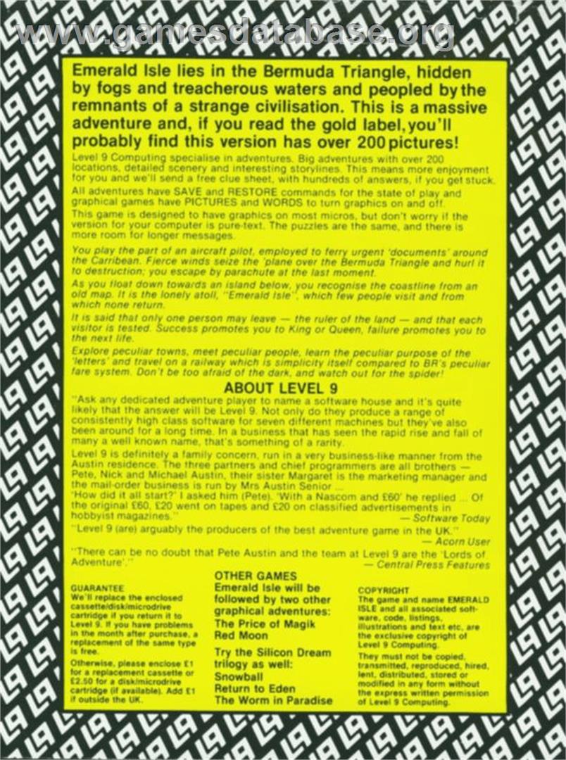 Emerald Isle - Atari 8-bit - Artwork - Box Back