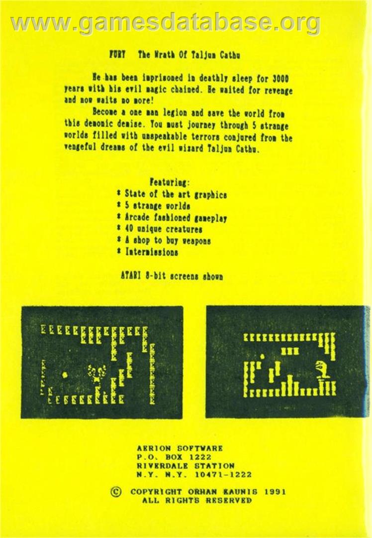 Fury - The Wrath Of Taljun Cathu - Atari 8-bit - Artwork - Box Back