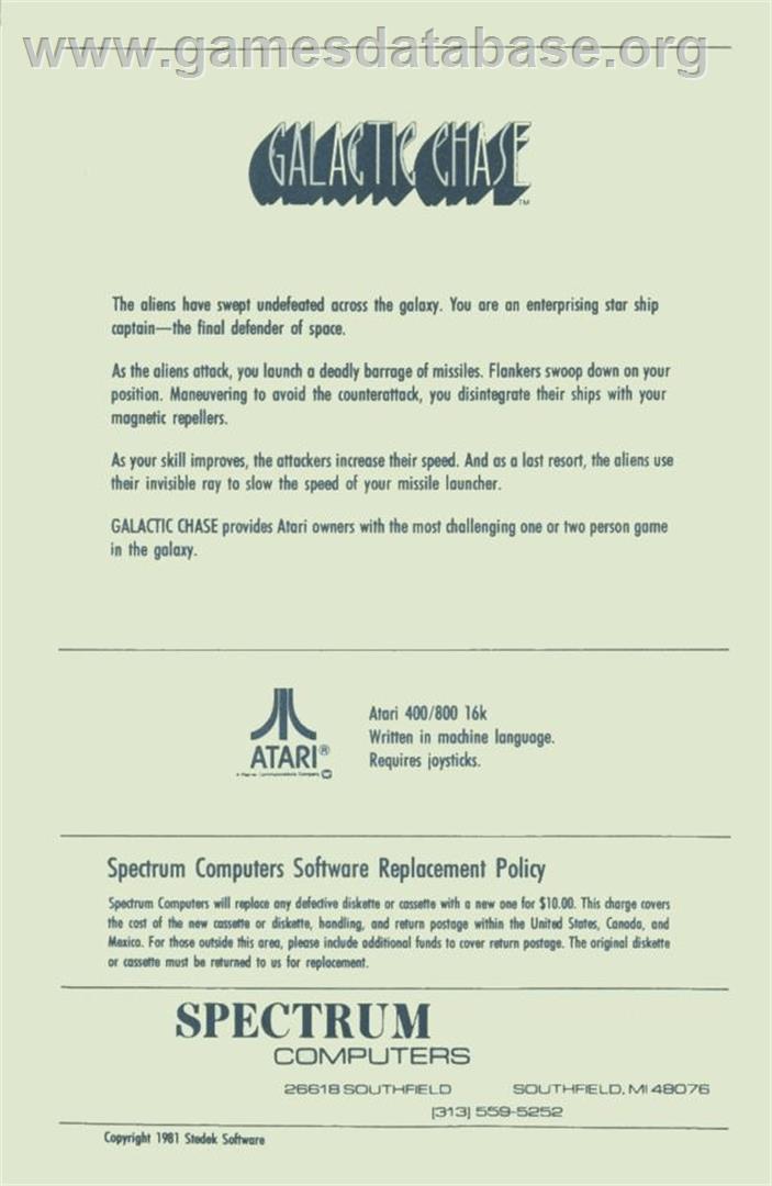 Galactic Chase - Atari 8-bit - Artwork - Box Back