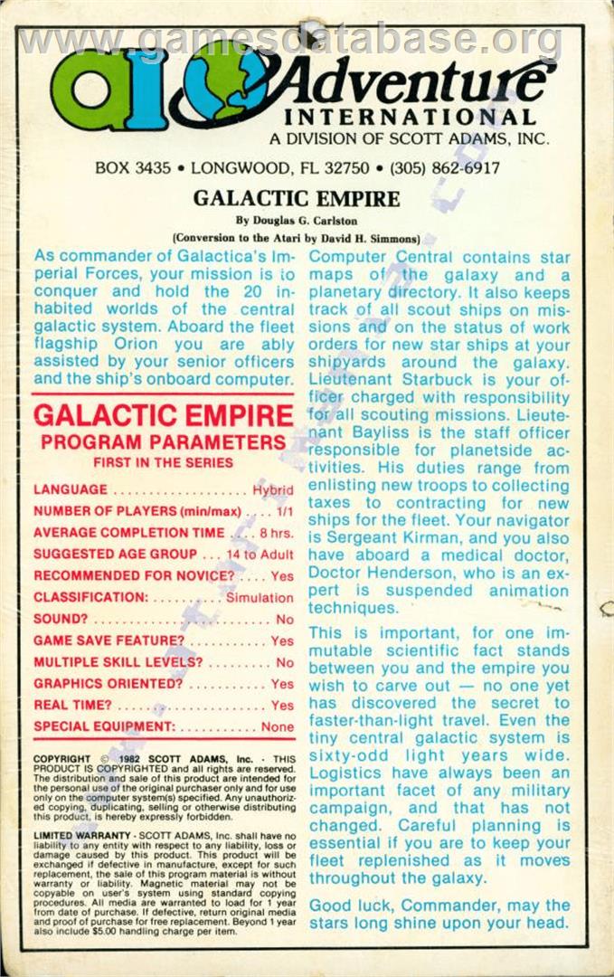 Galactic Empire - Atari 8-bit - Artwork - Box Back