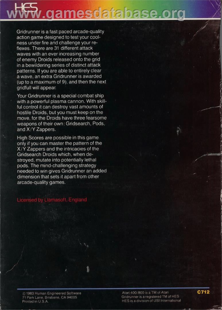 Gridrunner - Atari 8-bit - Artwork - Box Back