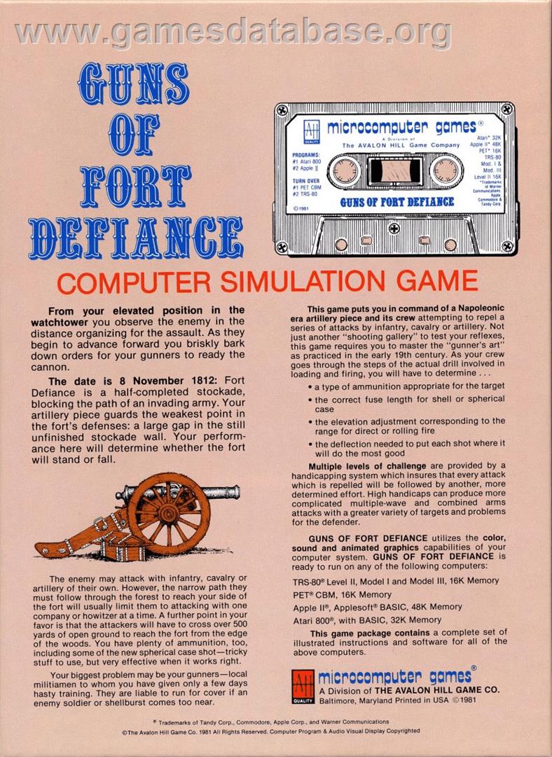 Guns of Fort Defiance - Atari 8-bit - Artwork - Box Back