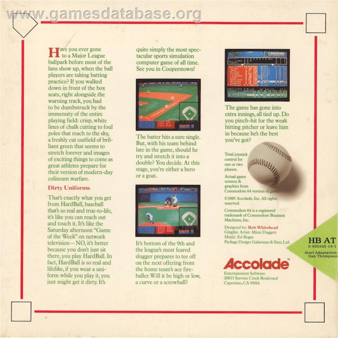 Hardball! - Atari 8-bit - Artwork - Box Back