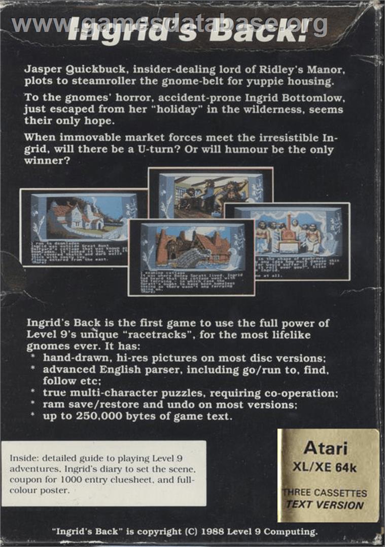 Ingrid's Back! - Atari 8-bit - Artwork - Box Back