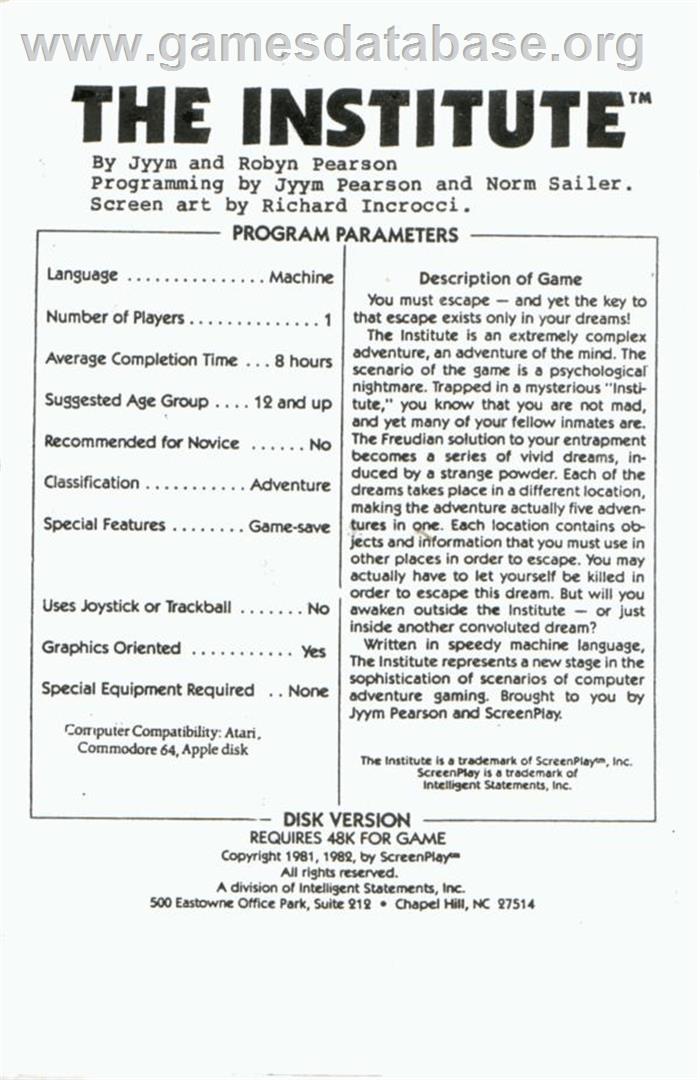 Institute, The - Atari 8-bit - Artwork - Box Back