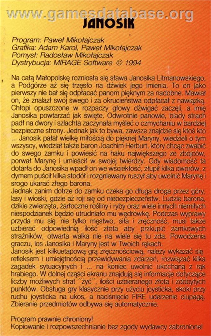 Janosik - Atari 8-bit - Artwork - Box Back