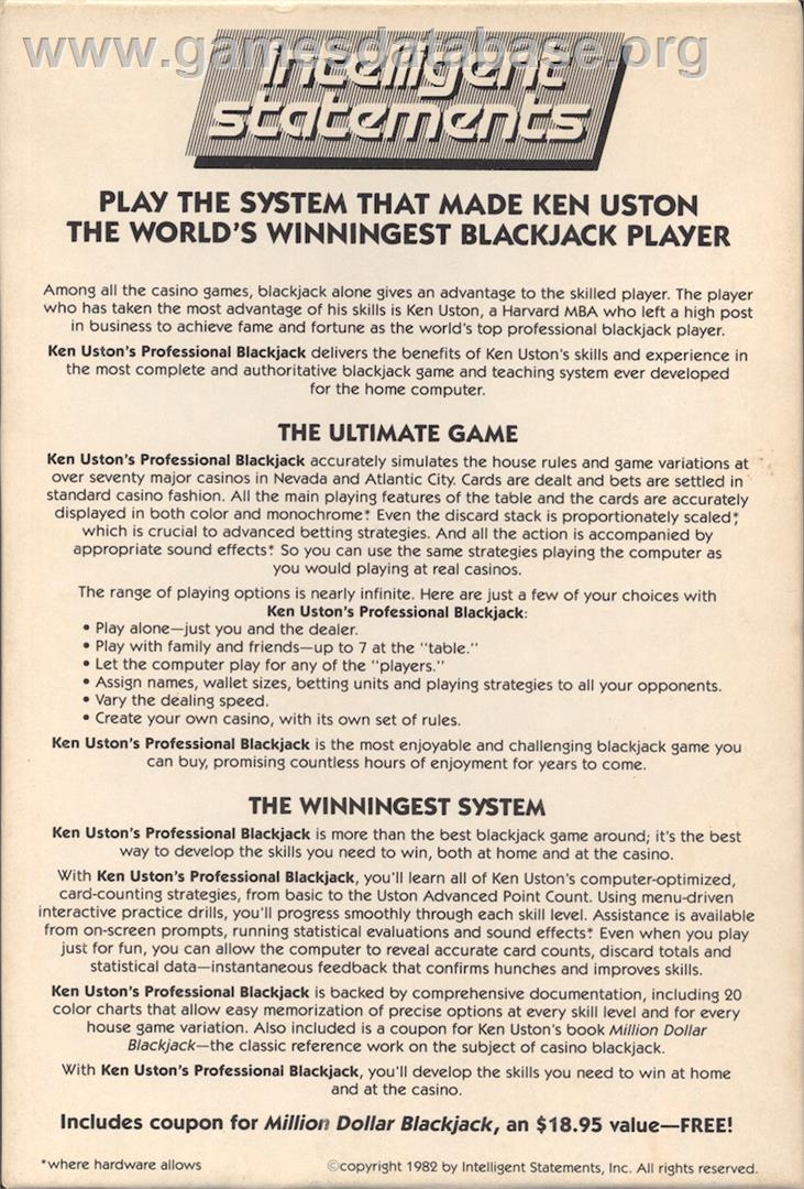 Ken Uston's Professional Blackjack - Atari 8-bit - Artwork - Box Back