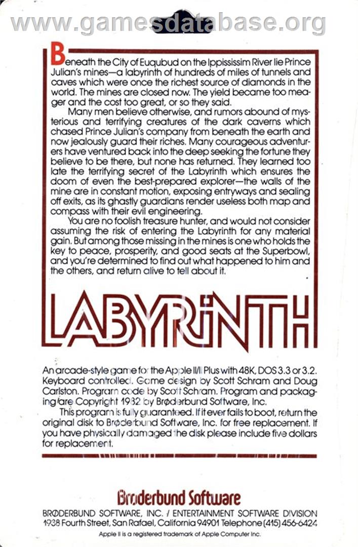Labyrinth - Atari 8-bit - Artwork - Box Back