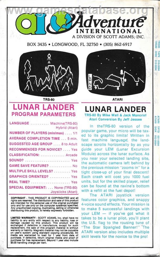 Lunar Lander - Atari 8-bit - Artwork - Box Back