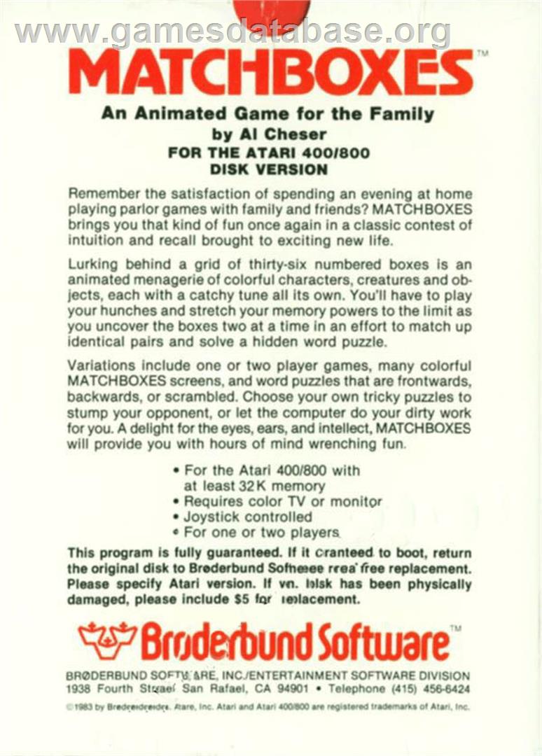 Matchboxes - Atari 8-bit - Artwork - Box Back