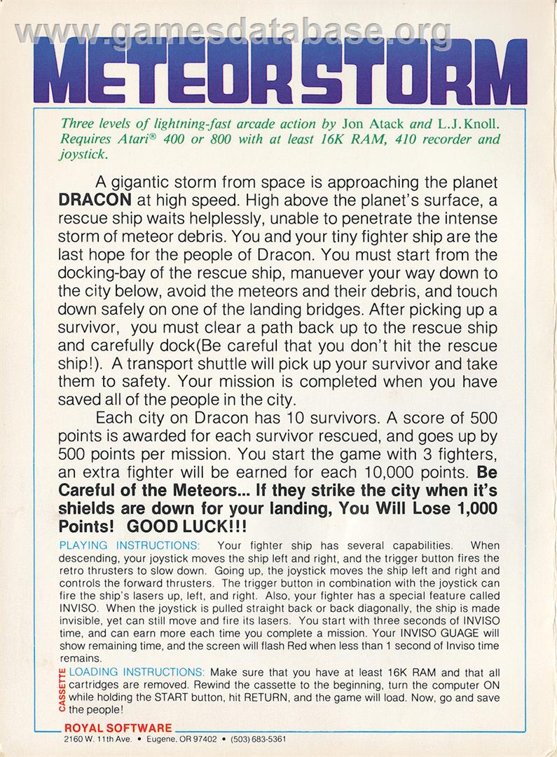 Meteor Storm - Atari 8-bit - Artwork - Box Back