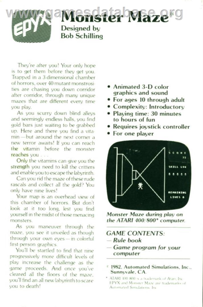Monster Maze - Atari 8-bit - Artwork - Box Back