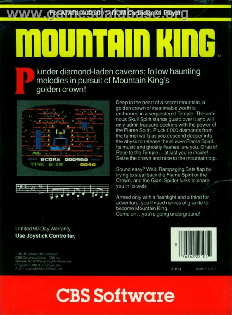 Mountain King - Atari 8-bit - Artwork - Box Back