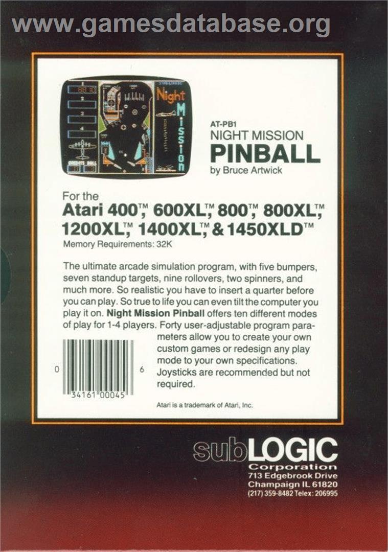 Night Mission Pinball - Atari 8-bit - Artwork - Box Back