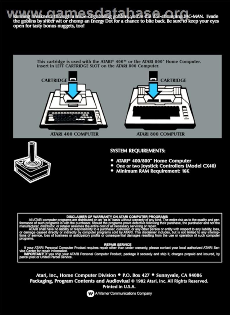 Pac-man - Atari 8-bit - Artwork - Box Back