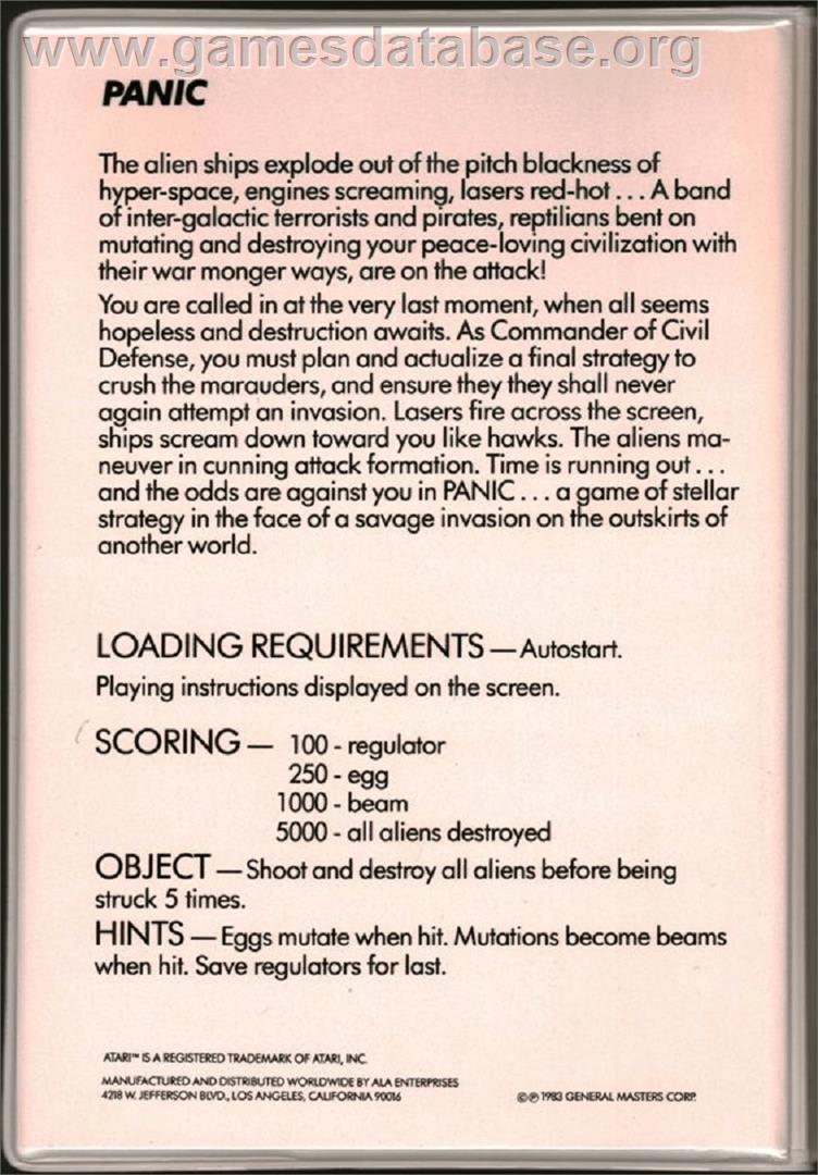 Panic - Atari 8-bit - Artwork - Box Back