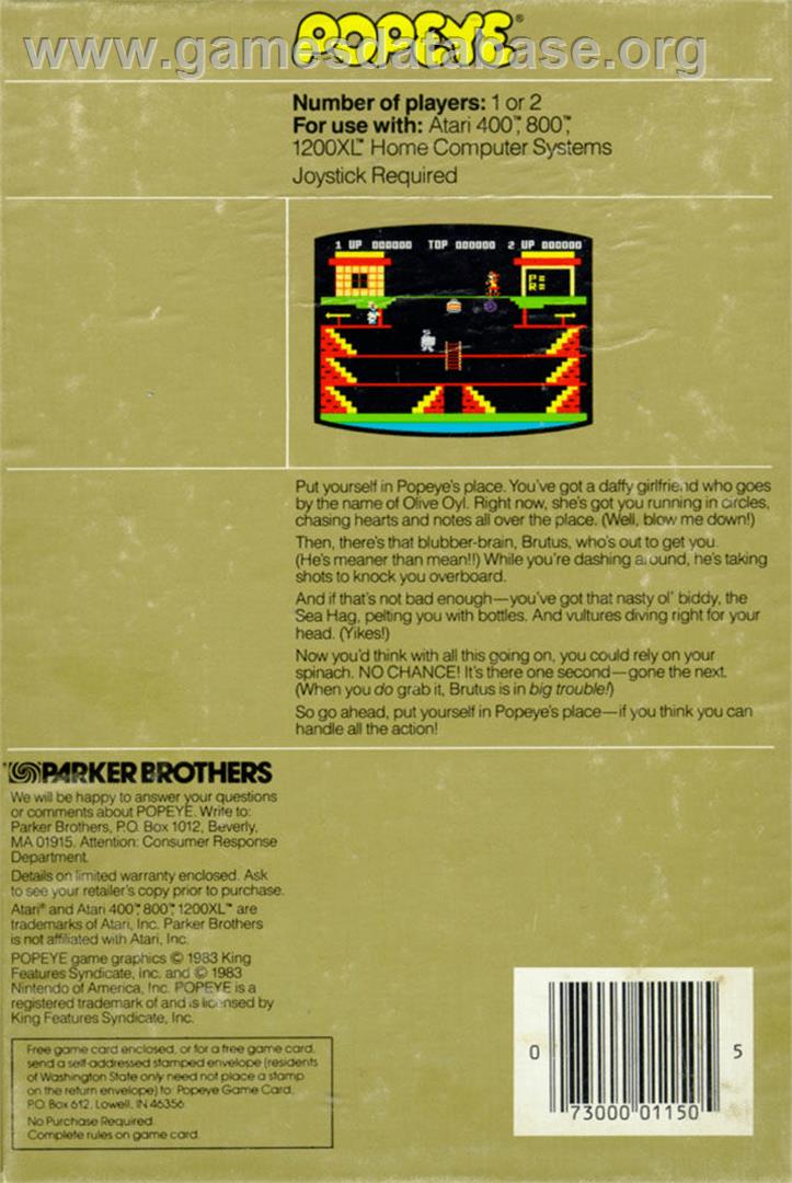 Popeye - Atari 8-bit - Artwork - Box Back