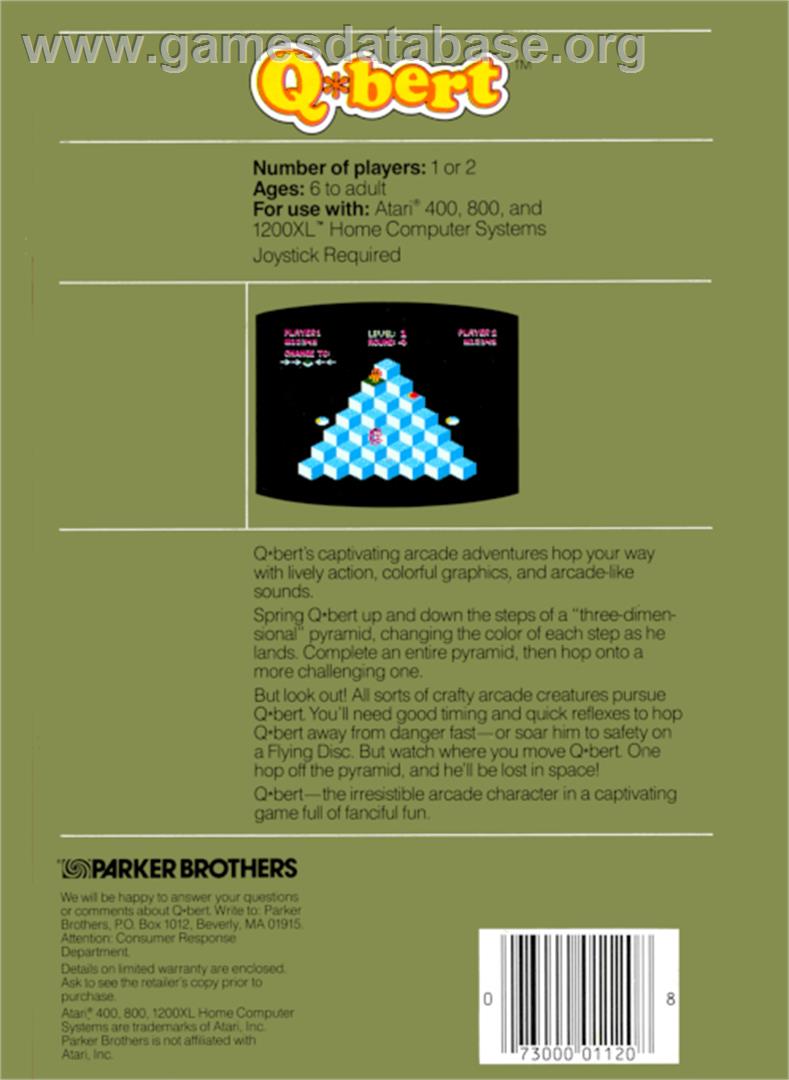 Q*bert - Atari 8-bit - Artwork - Box Back