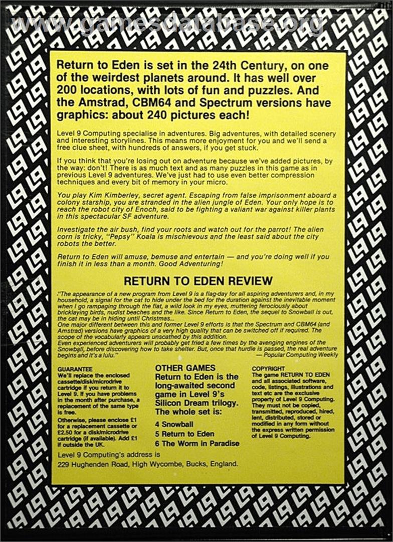 Return to Eden - Atari 8-bit - Artwork - Box Back