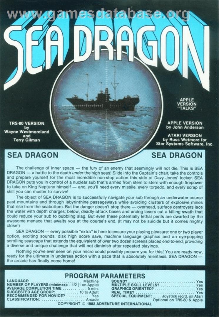 Sea Dragon - Atari 8-bit - Artwork - Box Back