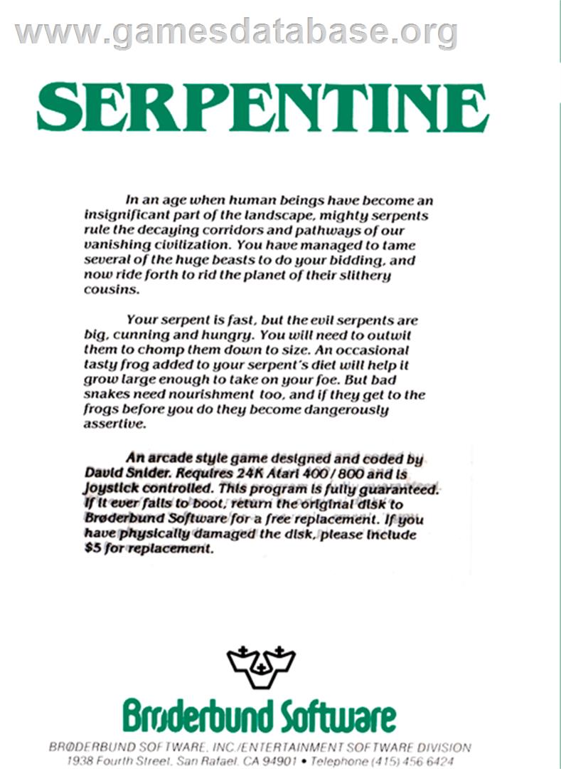 Serpentine - Atari 8-bit - Artwork - Box Back
