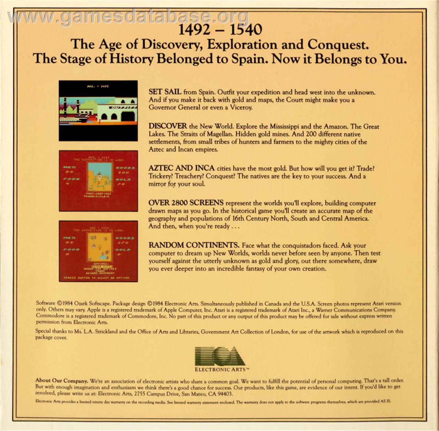 Seven Cities Of Gold, The - Atari 8-bit - Artwork - Box Back