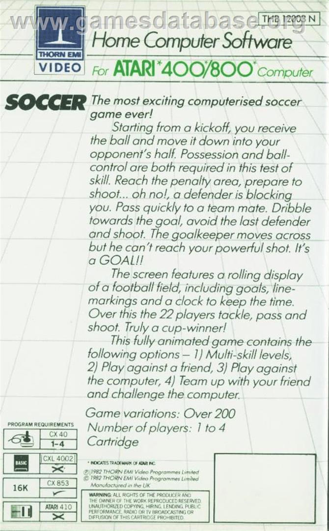 Soccer - Atari 8-bit - Artwork - Box Back